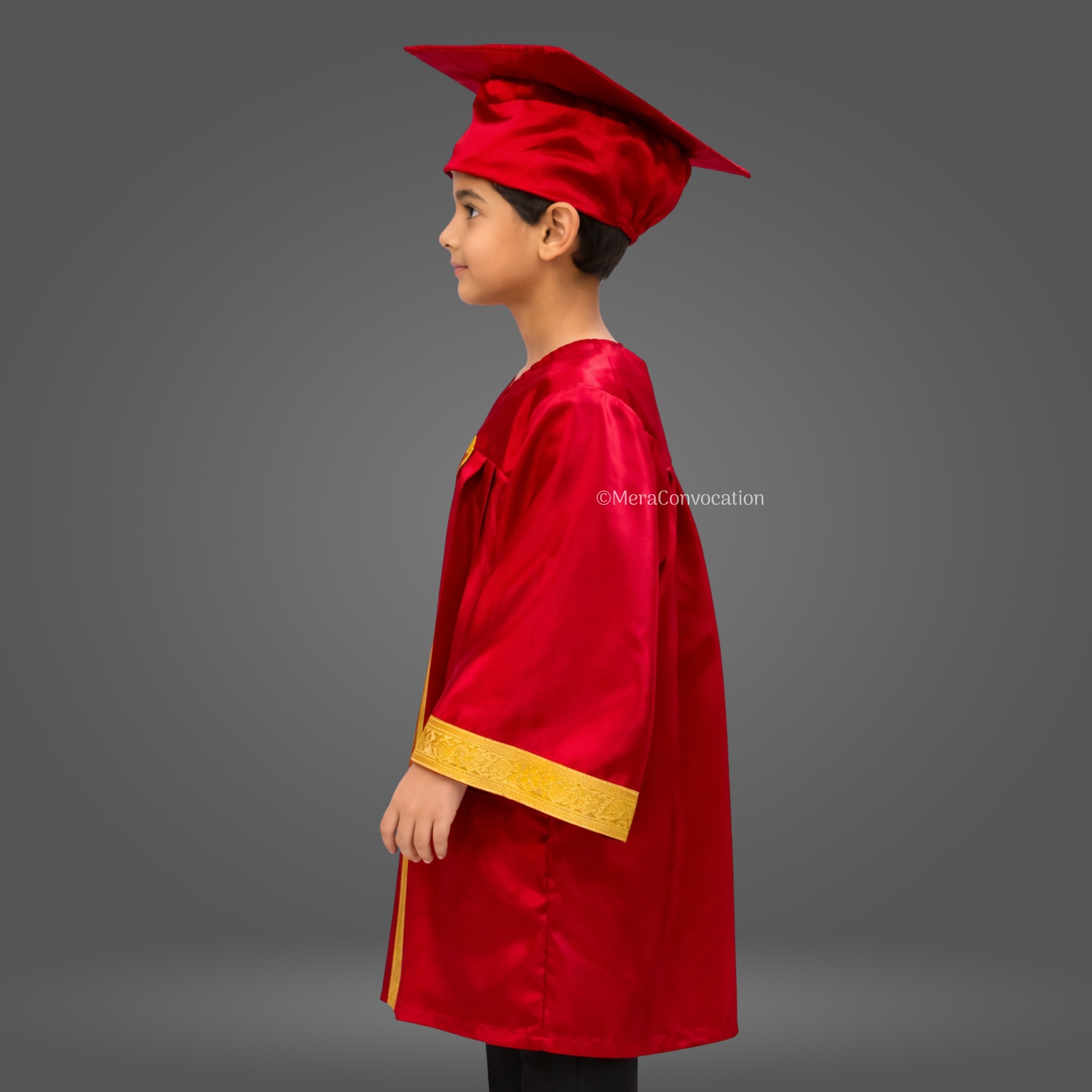 Left Sleeve of Red Shiny Kids Graduation Gown with Golden Border