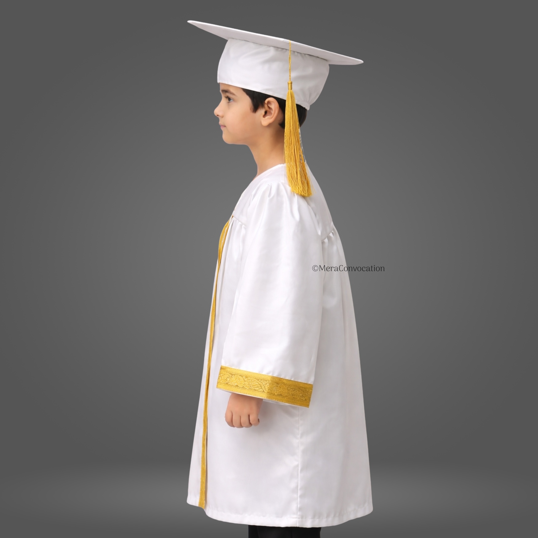 Left Sleeve of White Shiny Kids Graduation Gown with Golden Border ''Left Sleeve of White Shiny Kids Graduation Gown with Golden Border''>