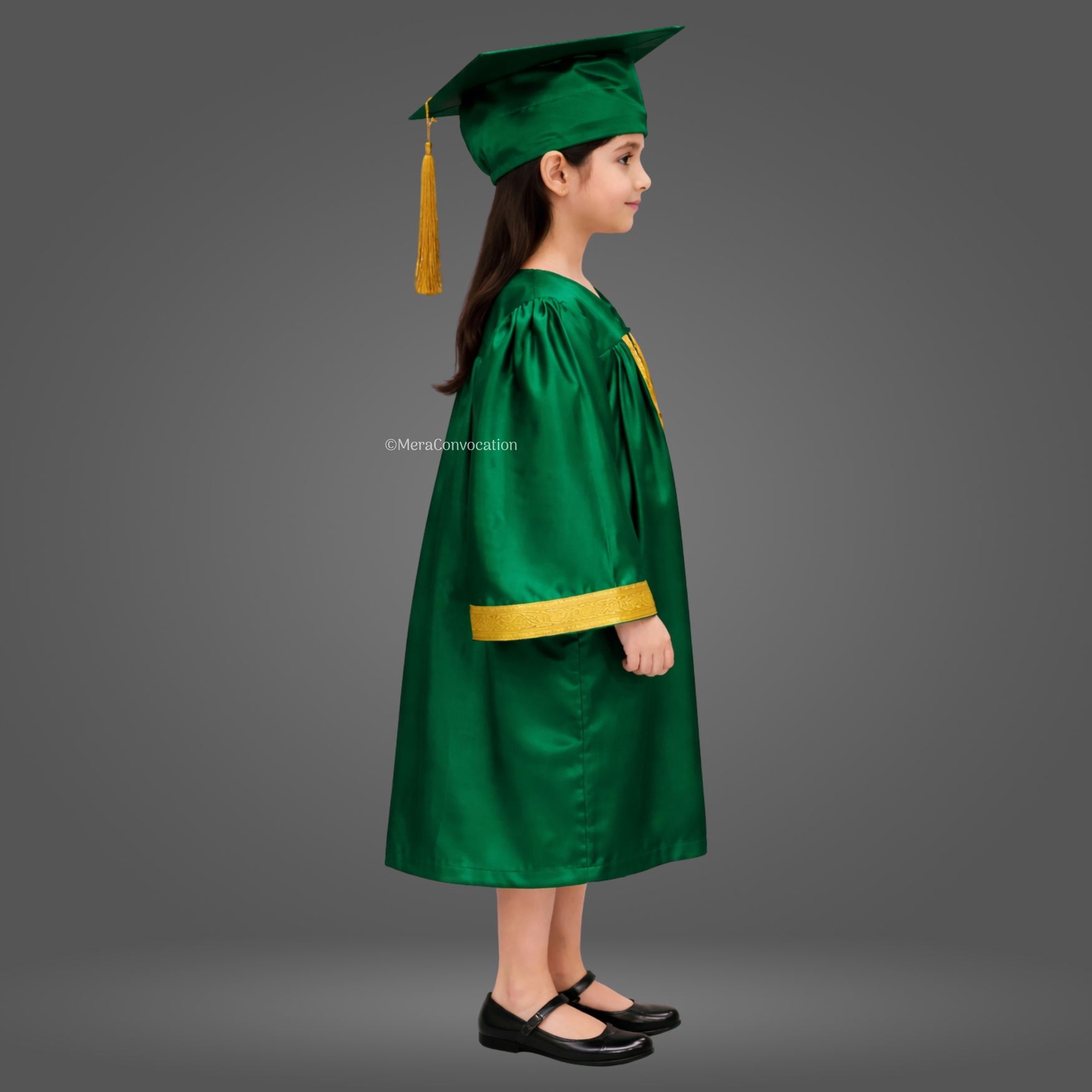 Right Sleeve of Bottle Green Shiny Kids Convocation Gown with Golden Border ''Right Sleeve of Bottle Green Shiny Kids Convocation Gown with Golden Border''>