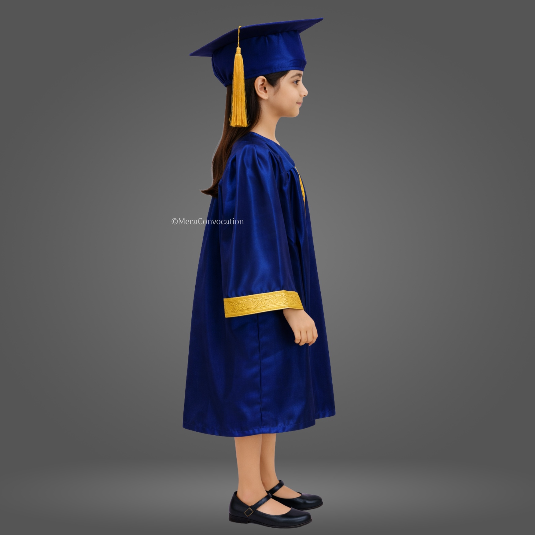 Right Sleeve of Navy Blue Shiny Kids Convocation Gown with Golden Border ''Right Sleeve of Navy Blue Shiny Kids Convocation Gown with Golden Border''>