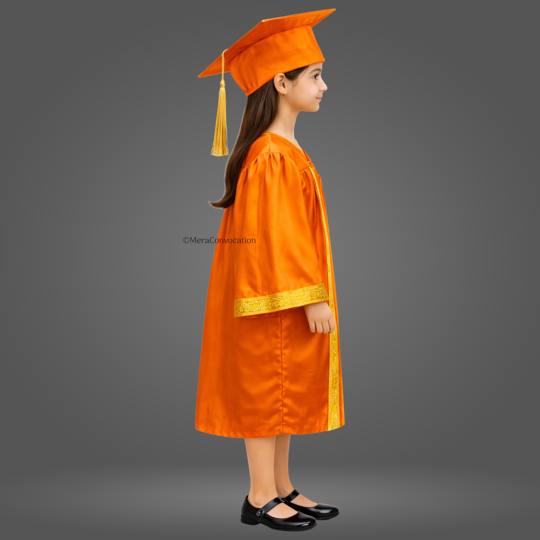 Right Sleeve of Orange Shiny Kids Convocation Gown with Golden Border ''Right Sleeve of Orange Shiny Kids Convocation Gown with Golden Border''>