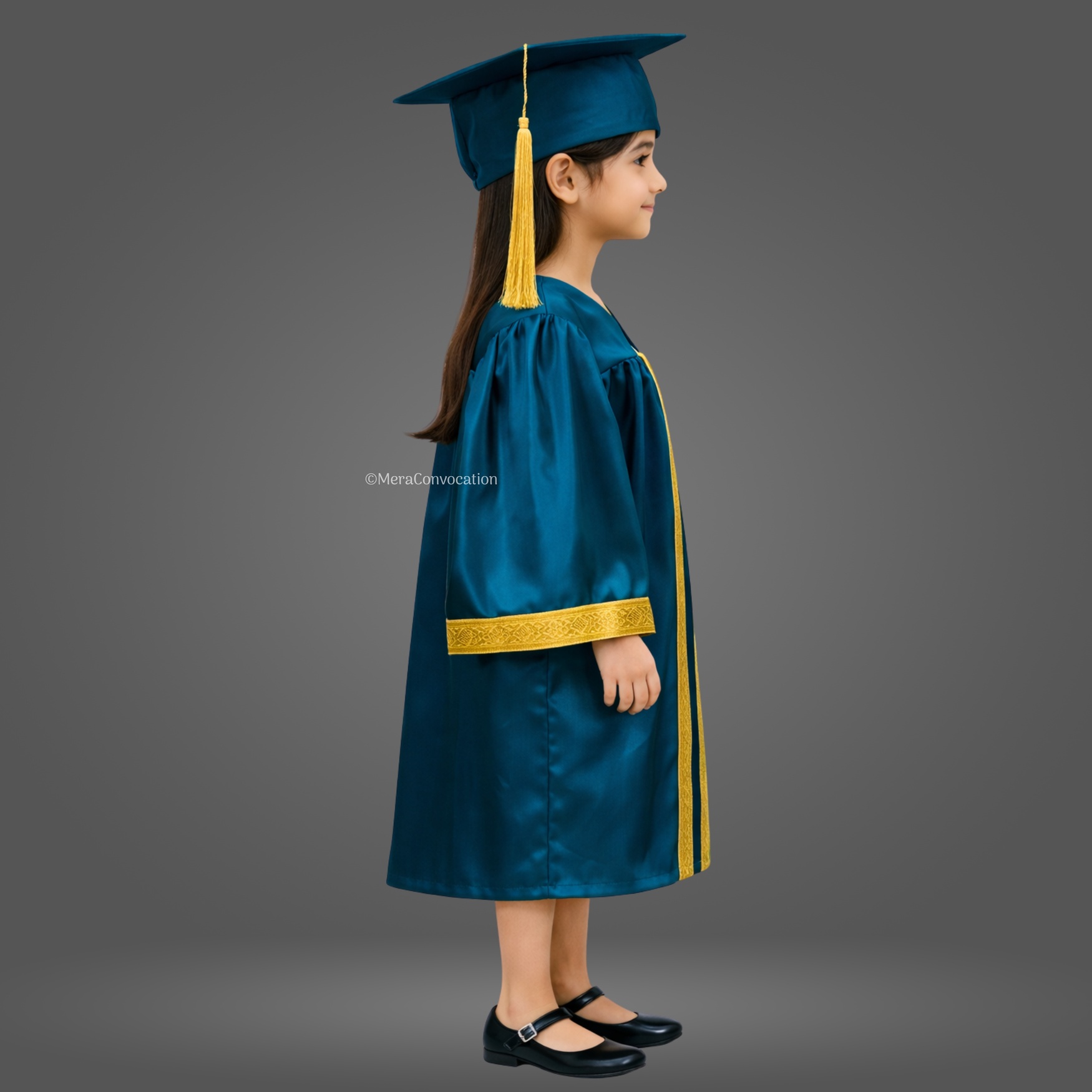 Right Sleeve of Peacock Green Shiny Kids Convocation Gown with Golden Border ''Right Sleeve of Peacock Green Shiny Kids Convocation Gown with Golden Border''>