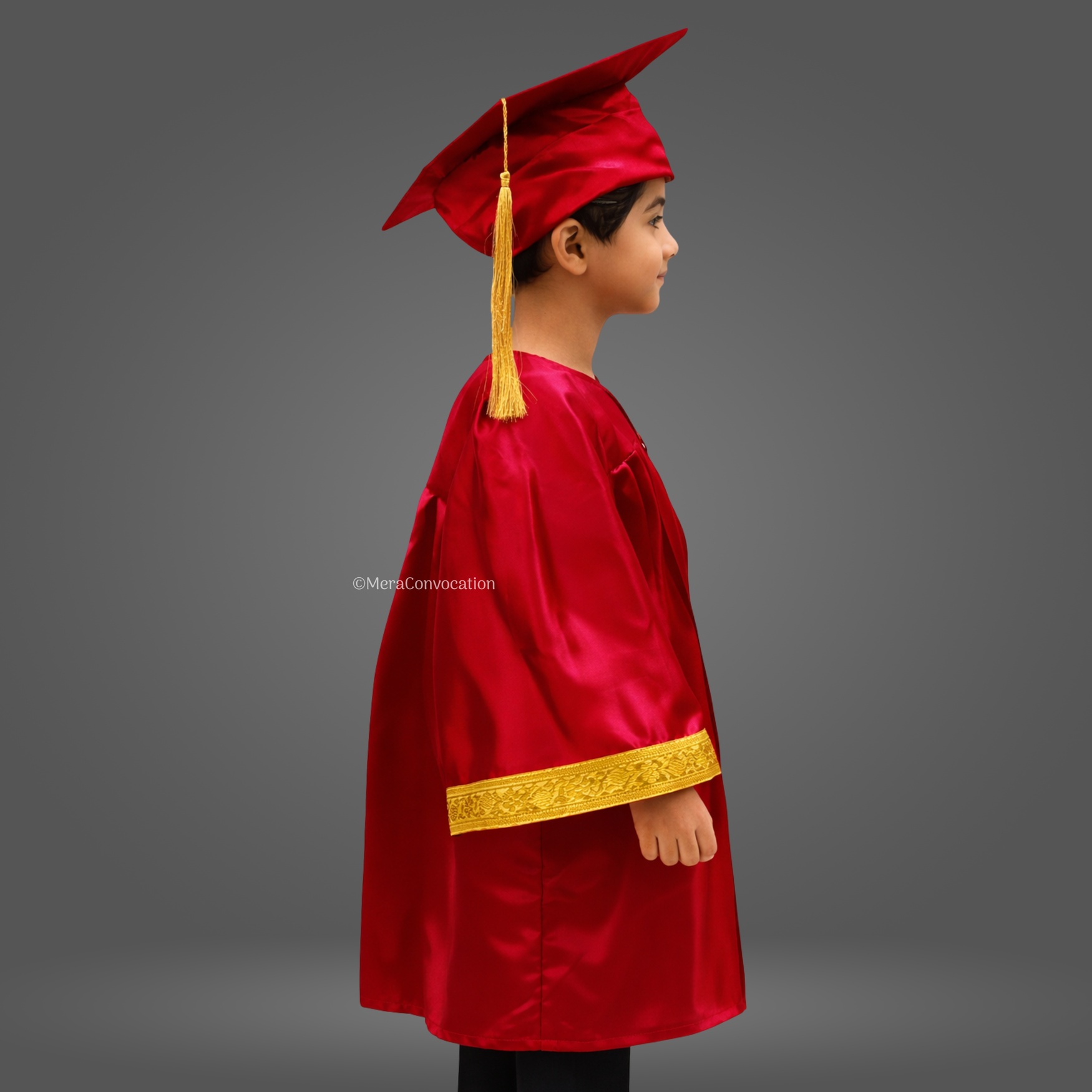 Right Sleeve of Red Shiny Kids Graduation Gown with Golden Border