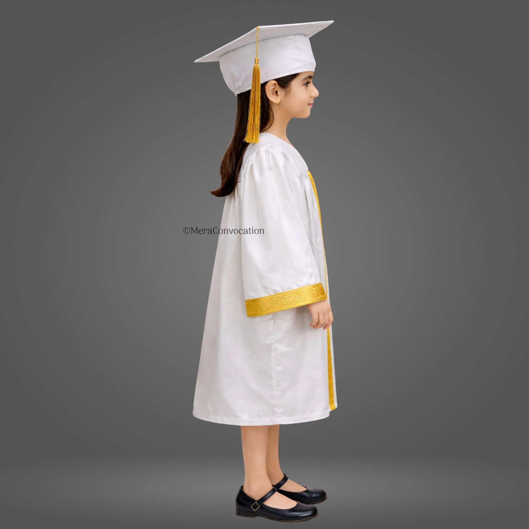 Right Sleeve of White Shiny Kids Convocation Gown with Golden Border