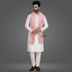 ''White Kurta Pajama and Baby Pink Cotton Stole''>
