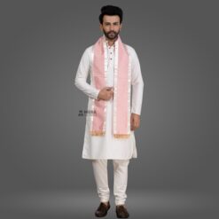 ''White Kurta Pajama and Baby Pink Cotton Stole with White Border''>