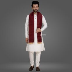 ''White Kurta Pajama and Maroon Cotton Sash''>