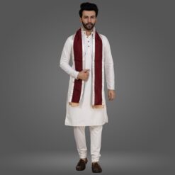 ''White Kurta Pajama and Maroon Cotton Sash with White Border''>