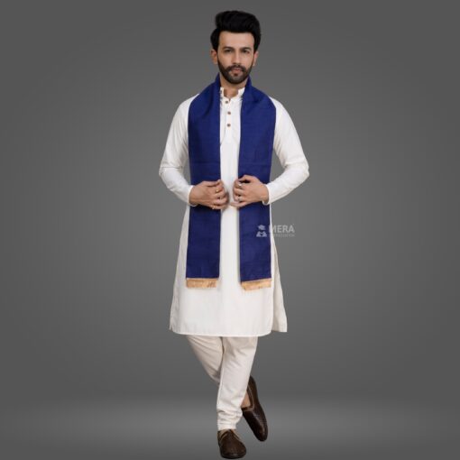 ''White Kurta Pajama and Navy Blue Cotton Sash''>