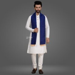 ''White Kurta Pajama and Navy Blue Cotton Stole''>