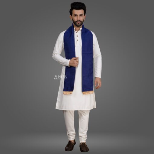 ''White Kurta Pajama and Navy Blue Cotton Stole''>