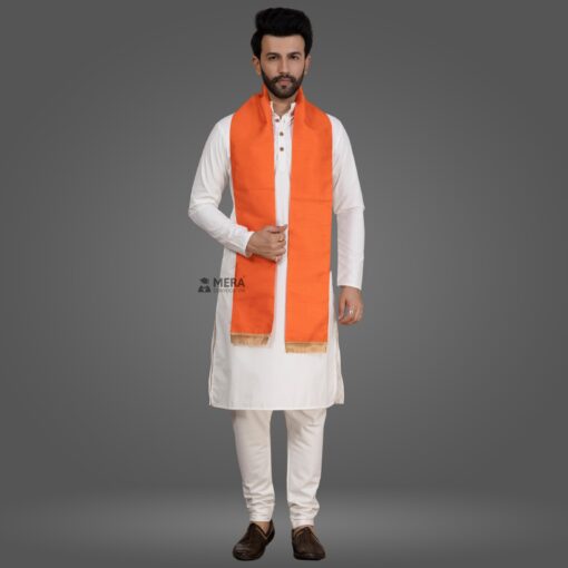 ''White Kurta Pajama and Orange Cotton Sash''>