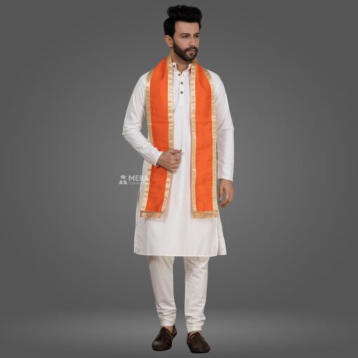 ''White Kurta Pajama and Orange Cotton Sash with Golden Border''>