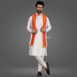 ''White Kurta Pajama and Orange Cotton Sash with White Border''>