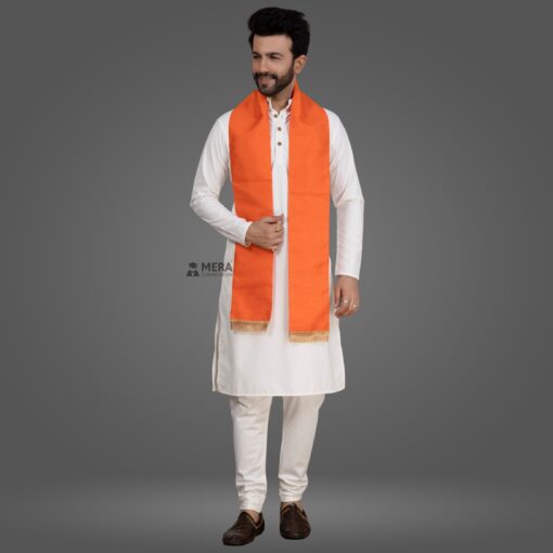 ''White Kurta Pajama and Orange Cotton Stole''>