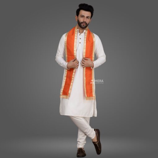 ''White Kurta Pajama and Orange Cotton Stole with Golden Border''>