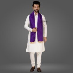 ''White Kurta Pajama and Purple Cotton Stole''>