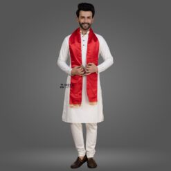 ''White Kurta Pajama and Red Cotton Sash''>