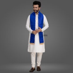 ''White Kurta Pajama and Royal Blue Cotton Sash''>