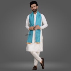 ''White Kurta Pajama and Sea Blue Cotton Sash''>