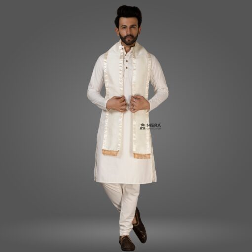 ''White Kurta Pajama and White Cotton Sash with Silver Border''>