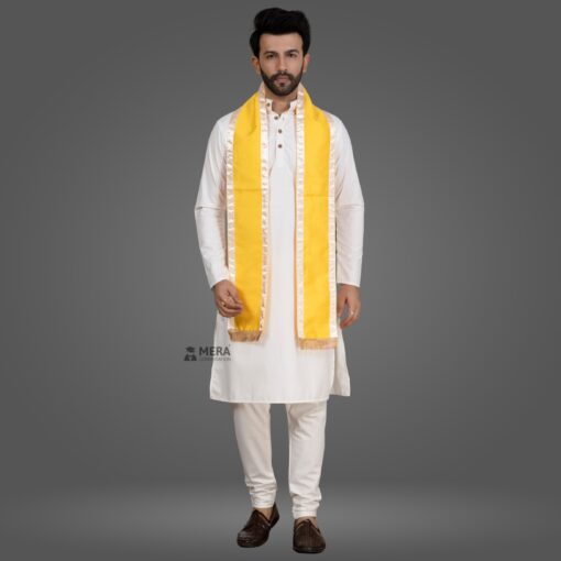 ''White Kurta Pajama and Yellow Cotton Sash with White Border''>