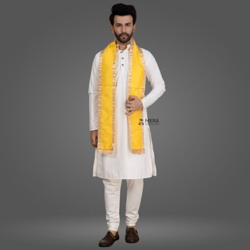 ''White Kurta Pajama and Yellow Cotton Stole with Golden Border''>