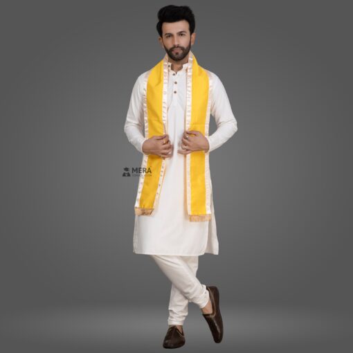 ''White Kurta Pajama and Yellow Cotton Stole with White Border''>