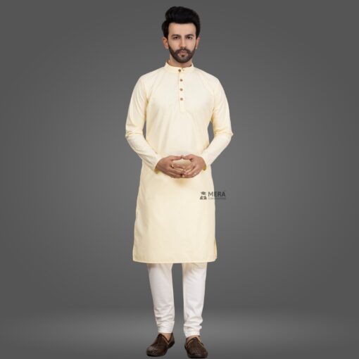 ''Light Yellow Traditional Cotton Kurta and Pajama''>