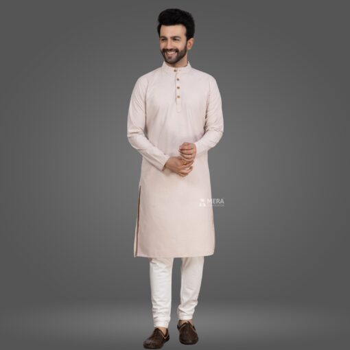 ''Nude Pink Premium Cotton Kurta and White Pajama''>