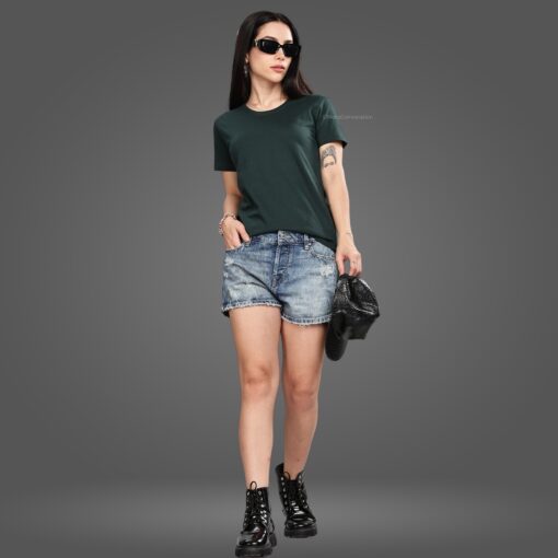 ''Bottle Green Crew Neck Half Sleeve Women Tshirt''>