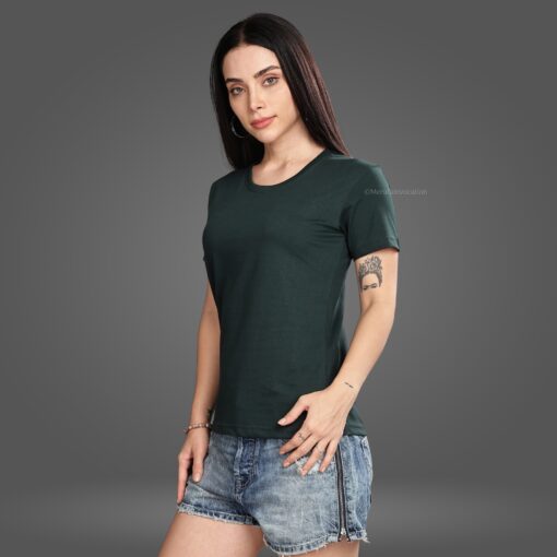 ''Bottle Green Round Neck Women Tee''>