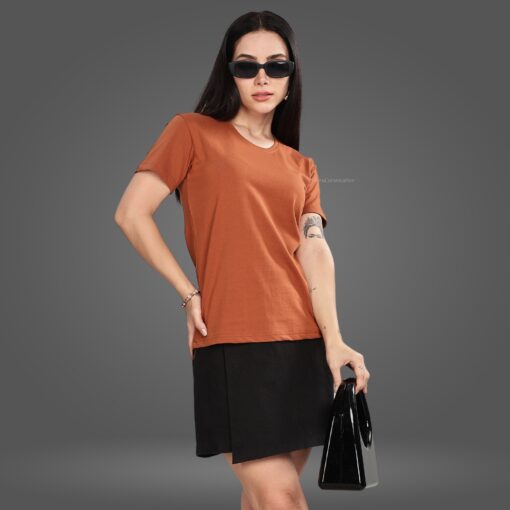 ''Brown Round Neck Women Tee''>
