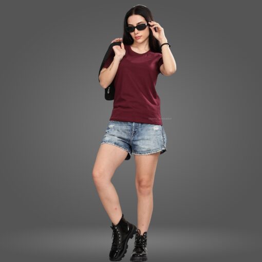 ''Burgundy Round Neck Women Tee''>