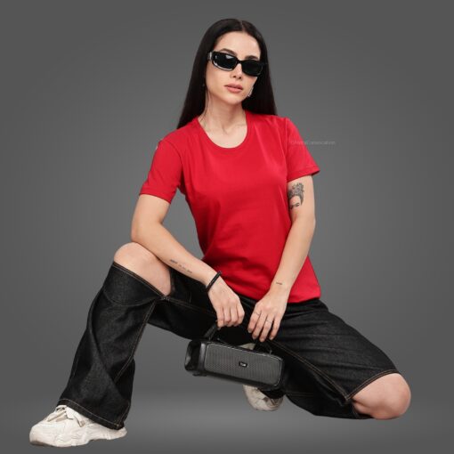 ''Cherry Red Crew Neck Half Sleeve Women Tee''>