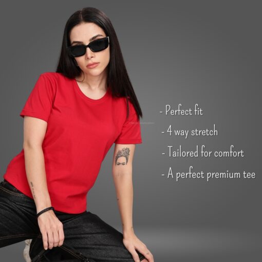 ''Cherry Red Round Neck Women Tshirt''>