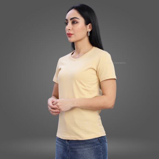 ''Cream Crew Neck Half Sleeve Women Tee''>