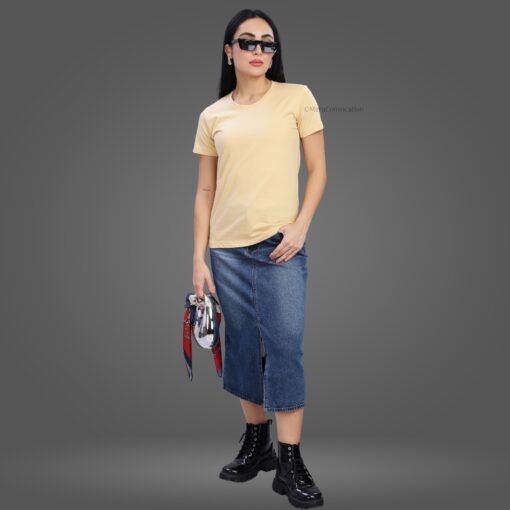 ''Cream Crew Neck Half Sleeve Women Tshirt''>