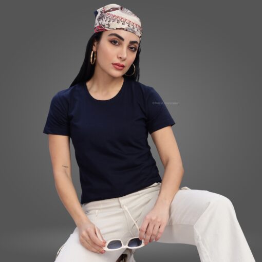 ''English Blue Crew Neck Half Sleeve Women Tee''>