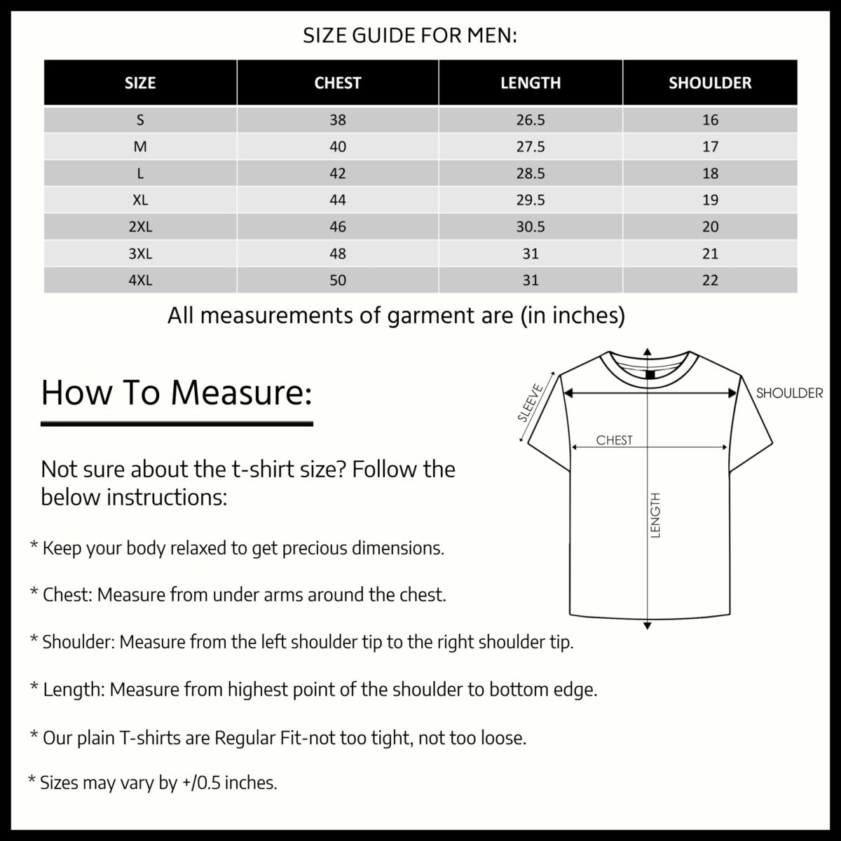 ''Mens Crew Neck Tshirt Size Chart''>