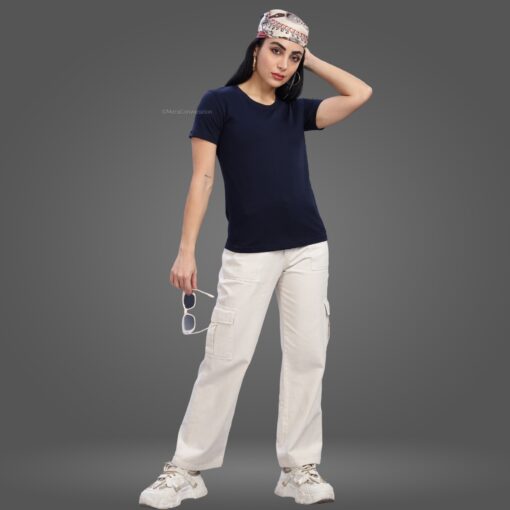 ''Navy Blue Crew Neck Half Sleeve Women Tshirt''>