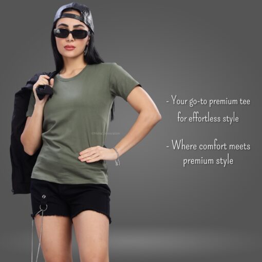 ''Olive Green Round Neck Women Tee''>