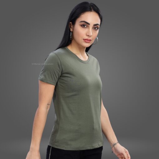 ''Olive Green Tencel Premium Women Half Sleeve Tshirt''>