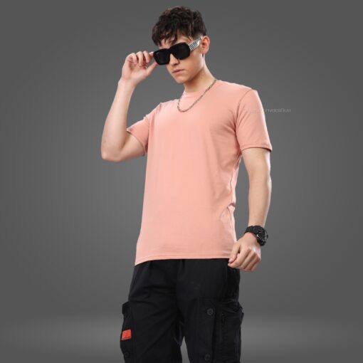 ''Peach Crew Neck Half Sleeve Tee''>