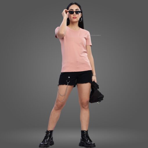 ''Peach Round Neck Half Sleeve Women Tee''>