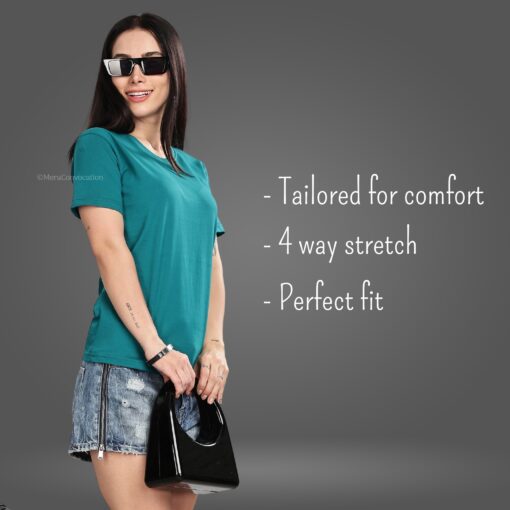 ''Peacock Blue Round Neck Women Tee''>