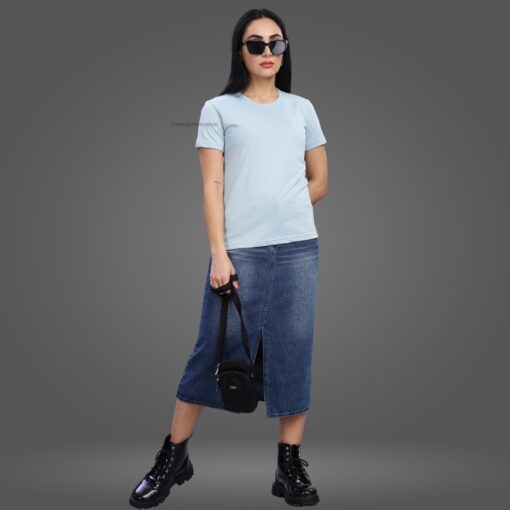 ''Pigeon Blue Round Neck Half Sleeve Women Tee''>