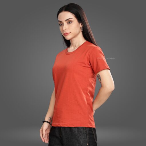 ''Rust Orange Crew Neck Half Sleeve Women Tee''>