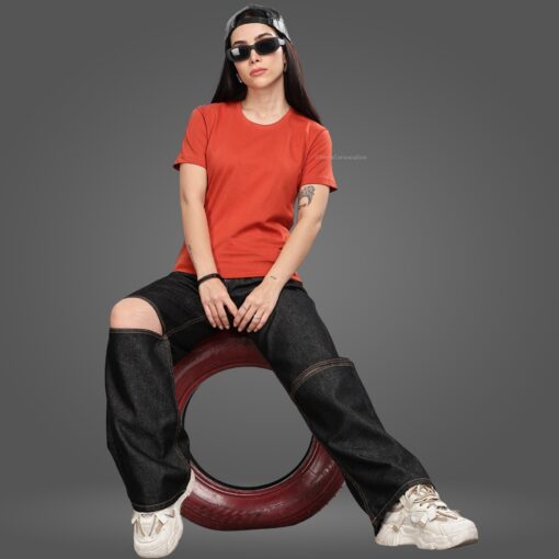 ''Rust Orange Round Neck Half Sleeve Women Tee''>
