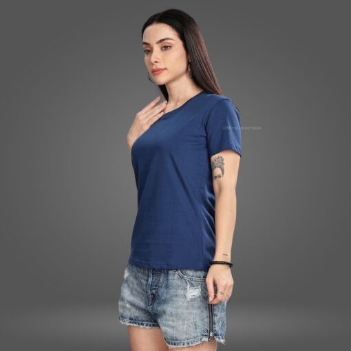 ''Teal Blue Crew Neck Half Sleeve Women Tee''>